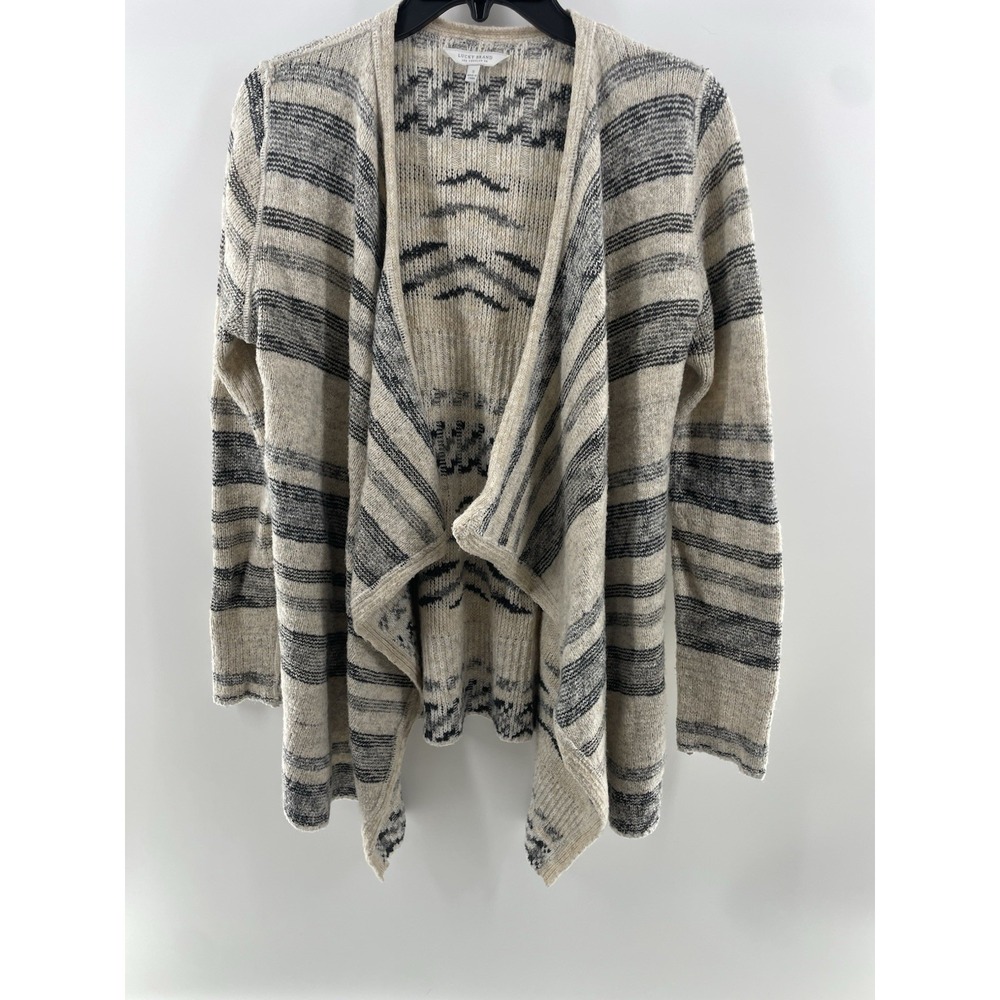 LUCKY BRAND Cardigan‎ Sweater Boho Longline Striped Cream Black Small Western